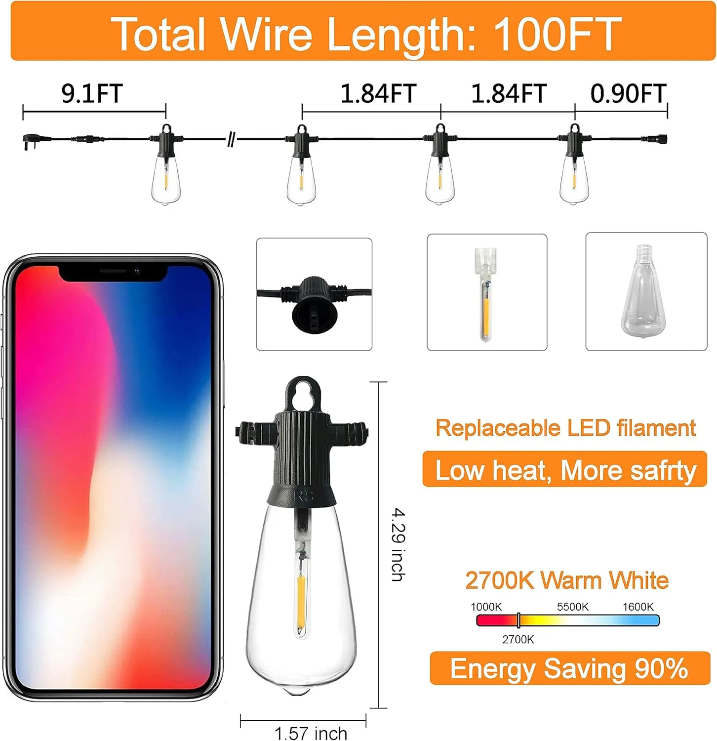 100FT (30M) Outdoor String Lights Mains Powered, Garden String Lights with 50 2Pcs LED Filaments Vintage Bulbs, Waterproof IP65 2700K Warm White for Patio Outside Party Wedding Backyard Terrace