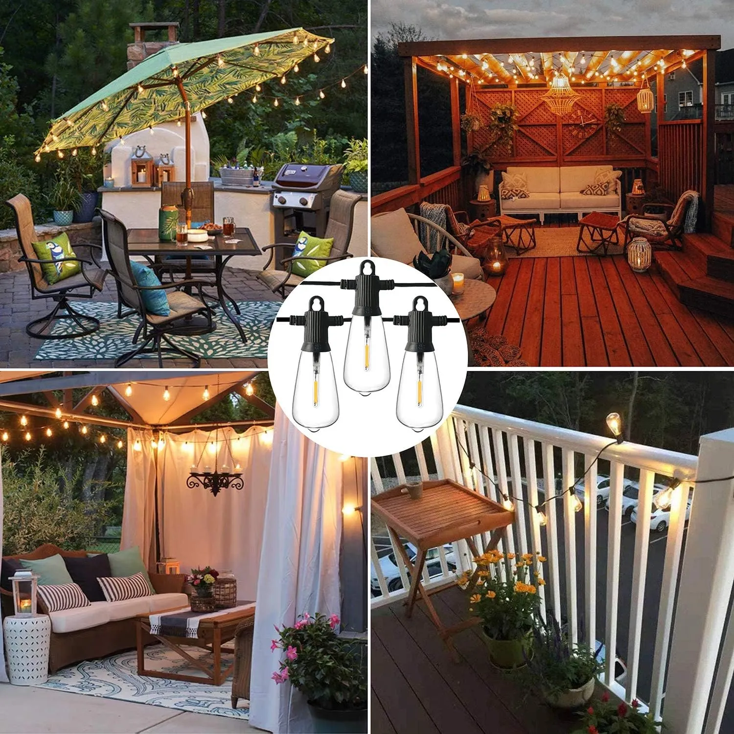 100FT (30M) Outdoor String Lights Mains Powered, Garden String Lights with 50 2Pcs LED Filaments Vintage Bulbs, Waterproof IP65 2700K Warm White for Patio Outside Party Wedding Backyard Terrace