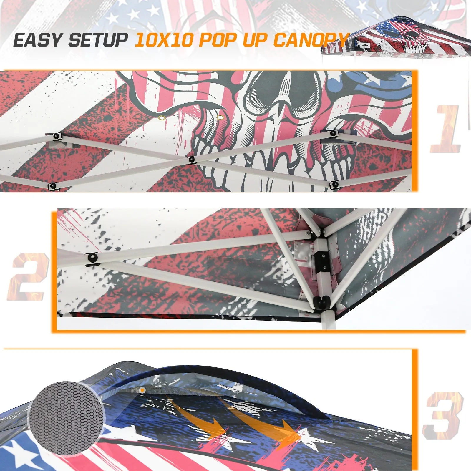 10x10 Pop Up Canopy, Straight Leg Pop Up Tent, Americana Skull