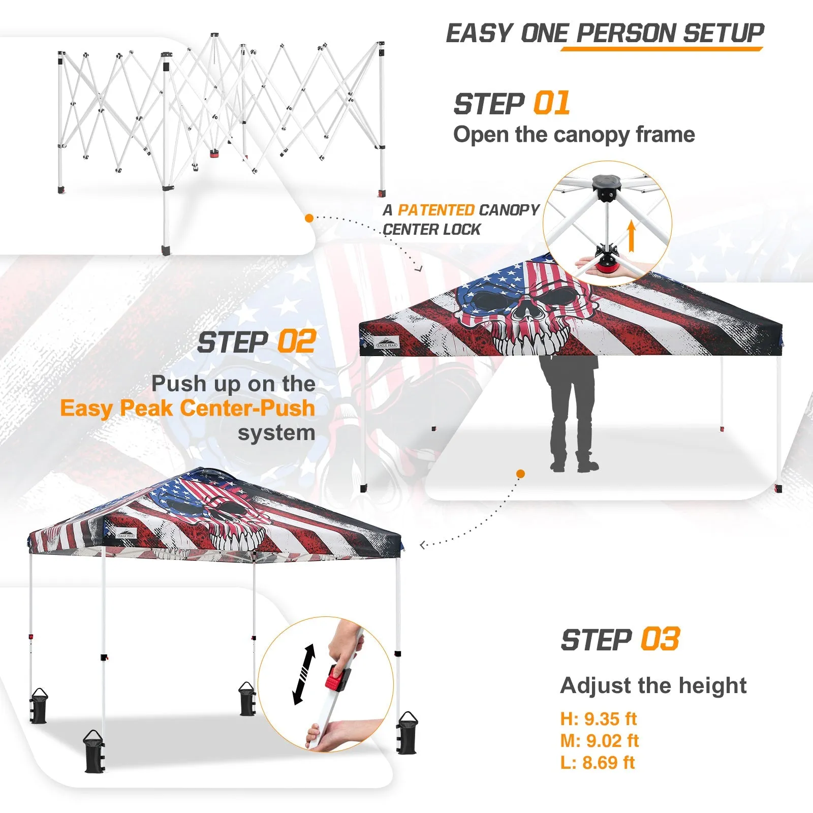 10x10 Pop Up Canopy, Straight Leg Pop Up Tent, Americana Skull