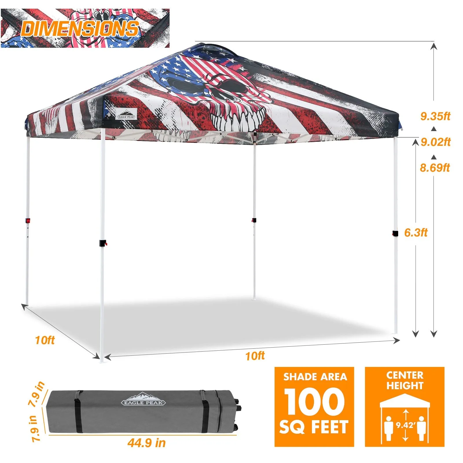 10x10 Pop Up Canopy, Straight Leg Pop Up Tent, Americana Skull