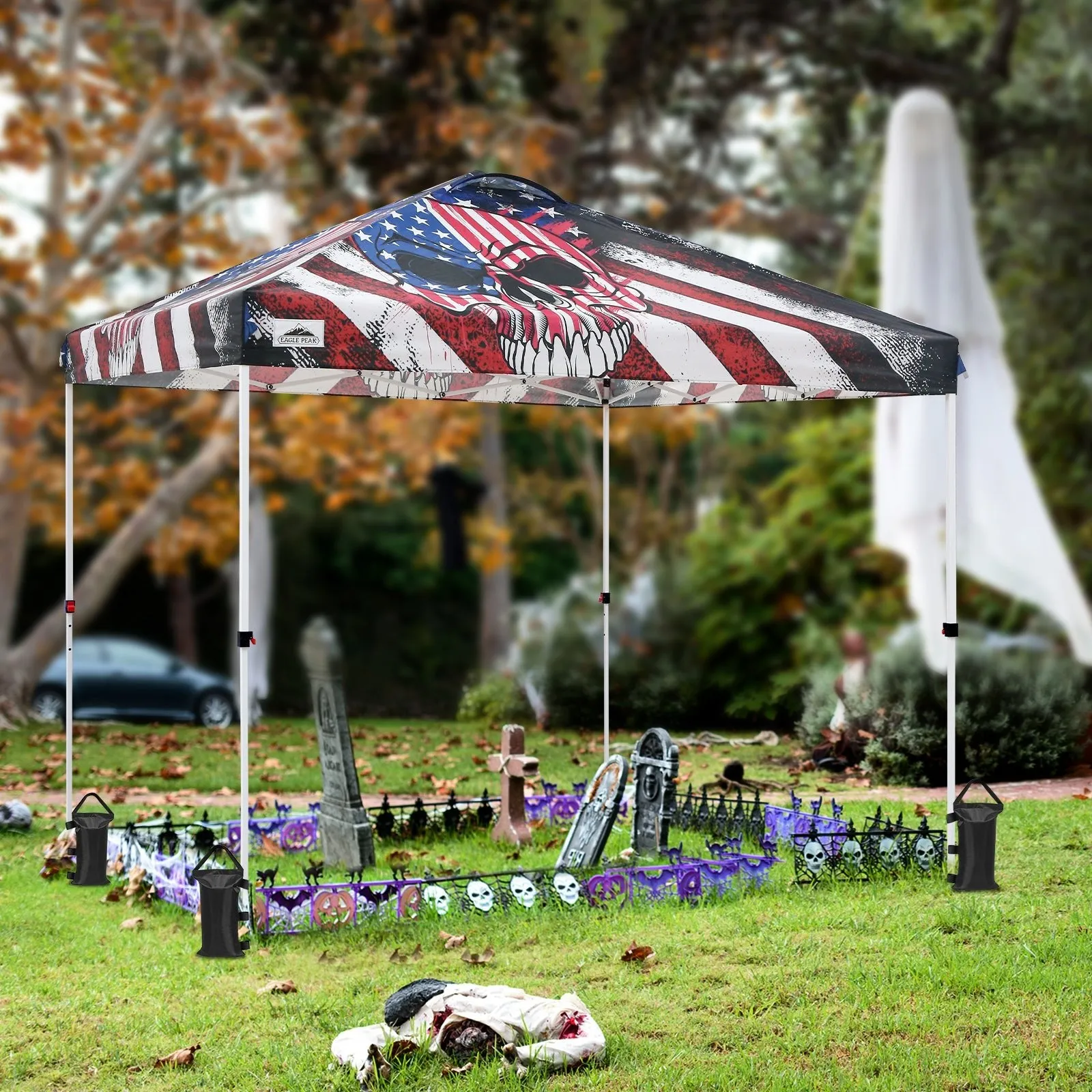 10x10 Pop Up Canopy, Straight Leg Pop Up Tent, Americana Skull