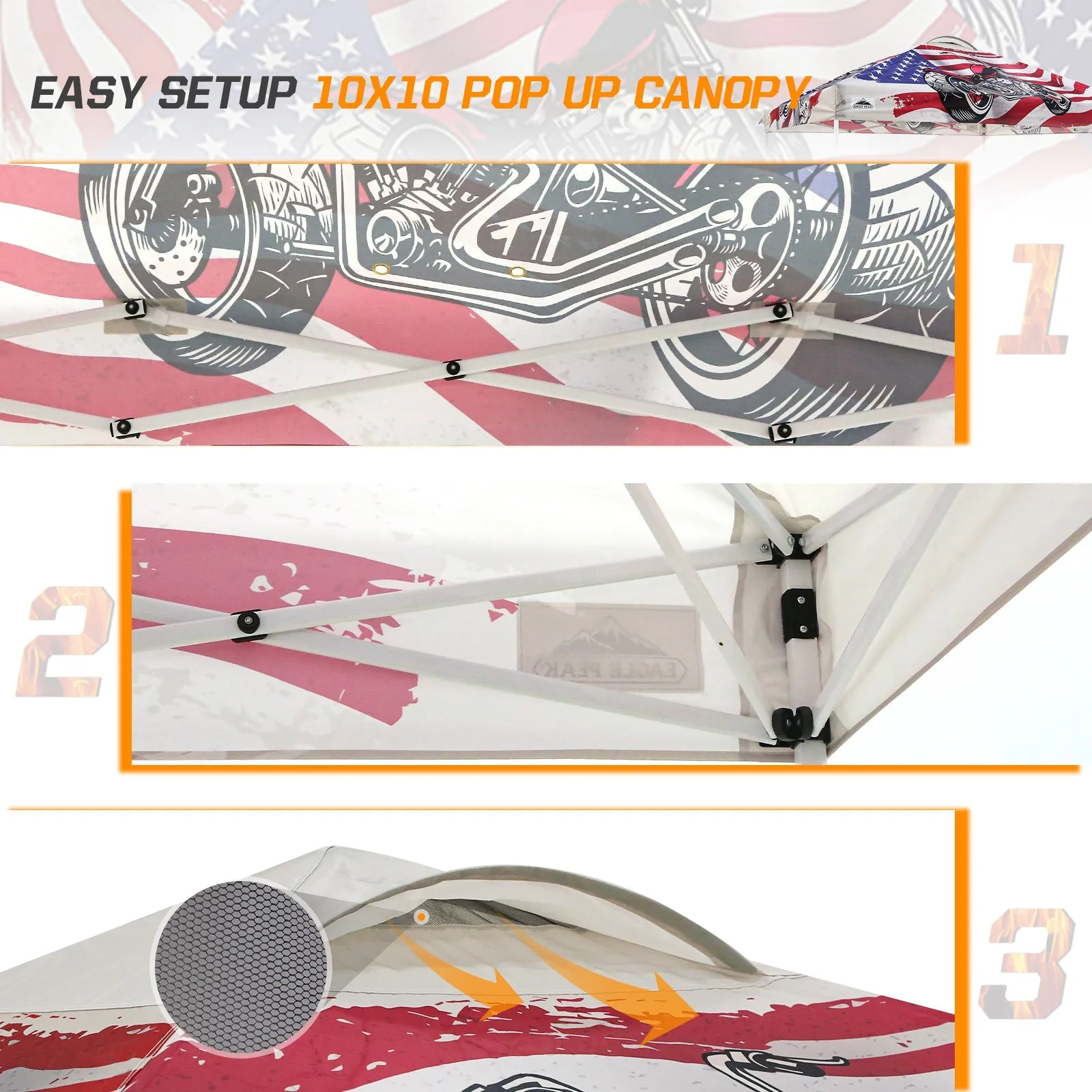 10x10 Pop Up Canopy, Straight Leg Pop Up Tent, Motorcycle Skull
