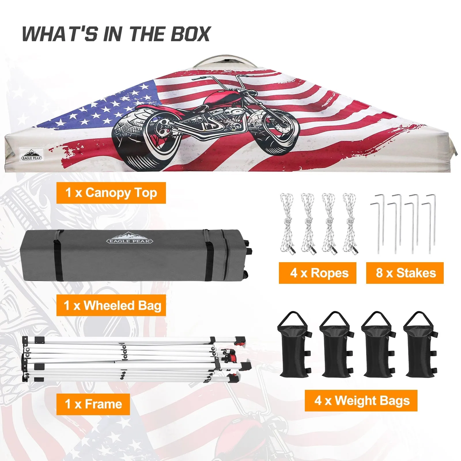 10x10 Pop Up Canopy, Straight Leg Pop Up Tent, Motorcycle Skull