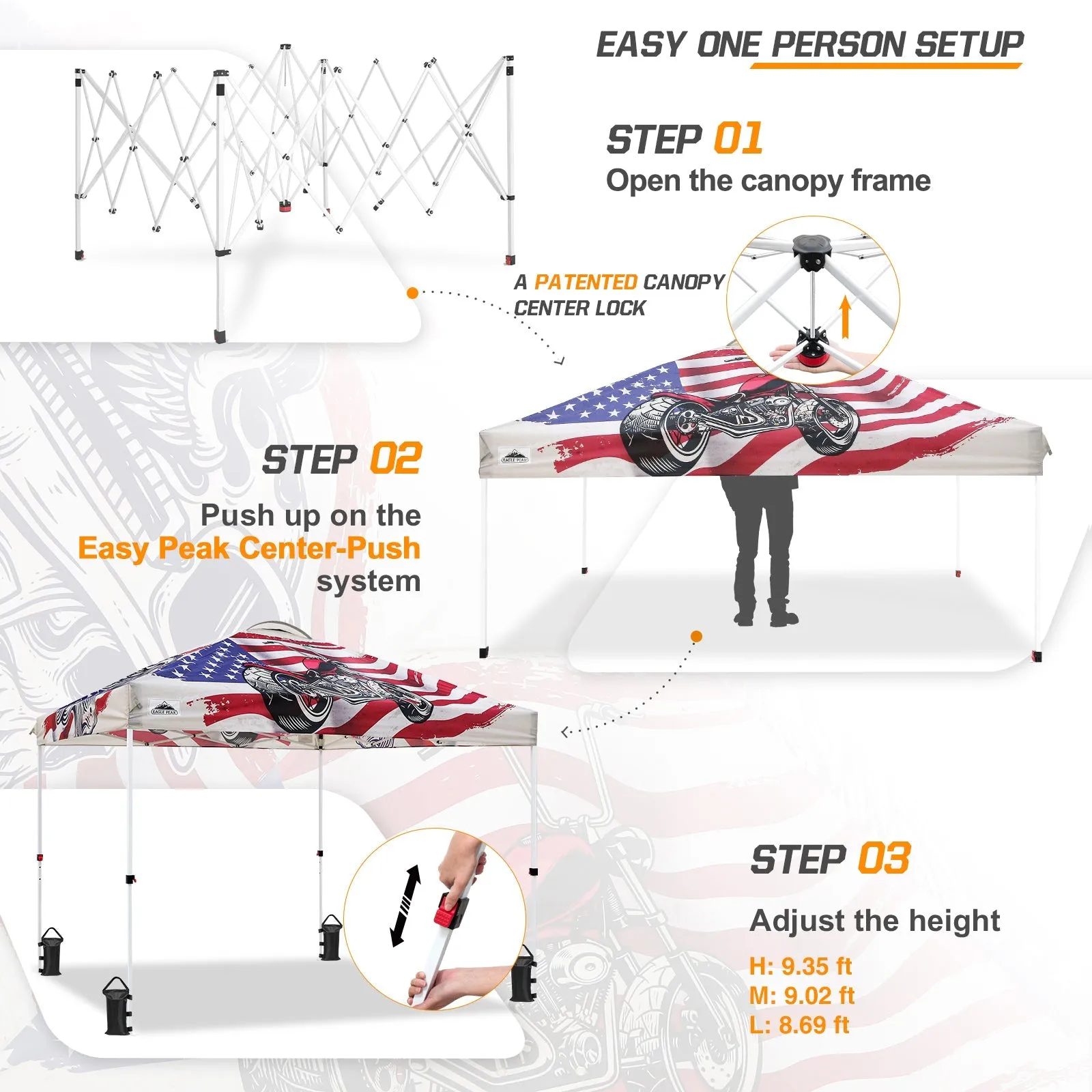 10x10 Pop Up Canopy, Straight Leg Pop Up Tent, Motorcycle Skull