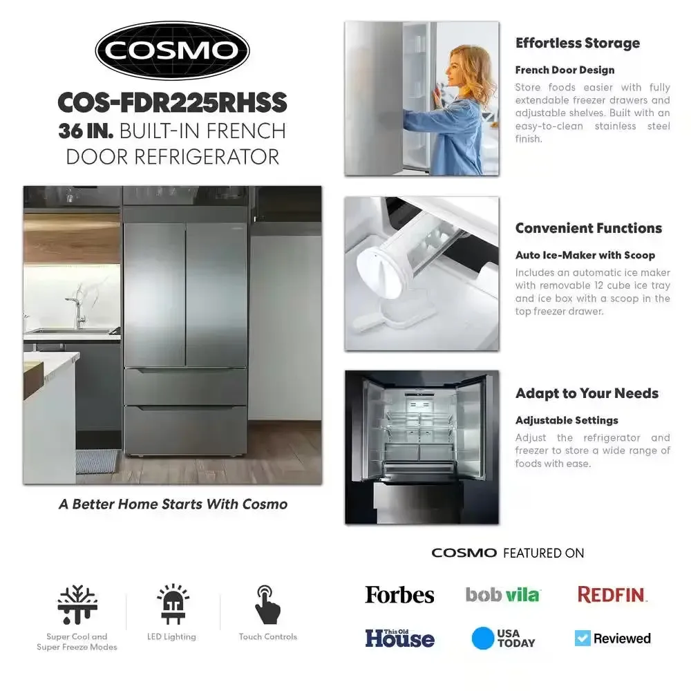 22.5 Cu. Ft. 4-Door French Door Refrigerator with Recessed Handle in Stainless Steel, Counter Depth