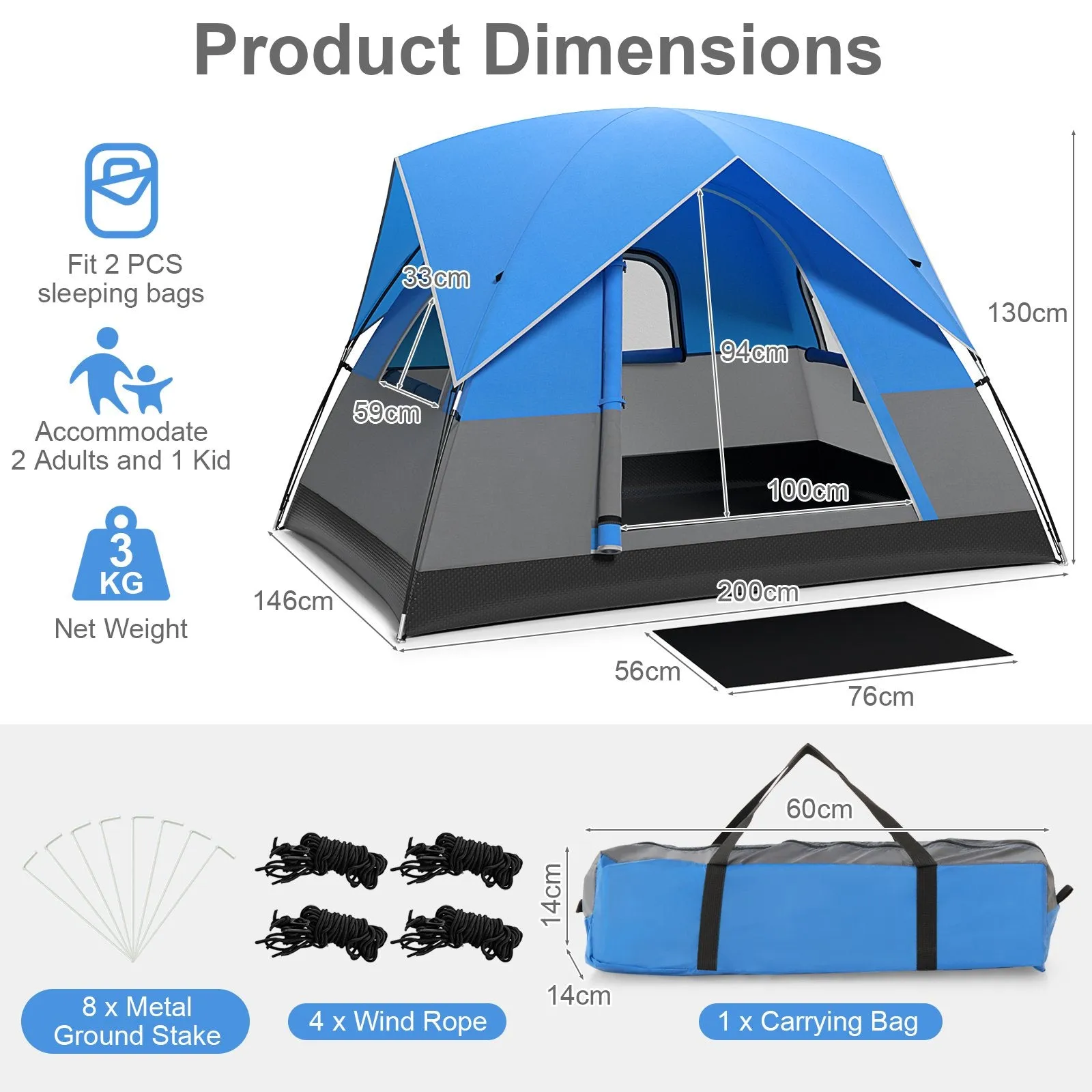 3-Person Outdoor Camping Tent with Removable Floor Mat-Black &amp; Blue