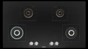 Bosch Built in Gas Hob Black Tempered glass Glass 4 Burner Auto Ignition 90 cm True Brass 2D Ring Burners with Matt Black Heat Shields & Cast Iron pan supports (PNF9B6F20I)