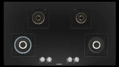 Bosch Built in Gas Hob Black Tempered glass Glass 4 Burner Auto Ignition 90 cm True Brass 2D Ring Burners with Matt Black Heat Shields & Cast Iron pan supports (PNF9B6F20I)