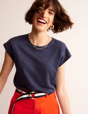 Louisa Crew Neck Linen T-shirt-Navy