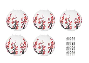 Mudra Crafts 5 PCs Cherry Blossom Paper Lanterns with 10 Lights for Cherry Blossom Decor  Flower Chinese Lanterns with Lights  12 in Round Sakura Hanging Japanese Lantern Kit for Party Decoration