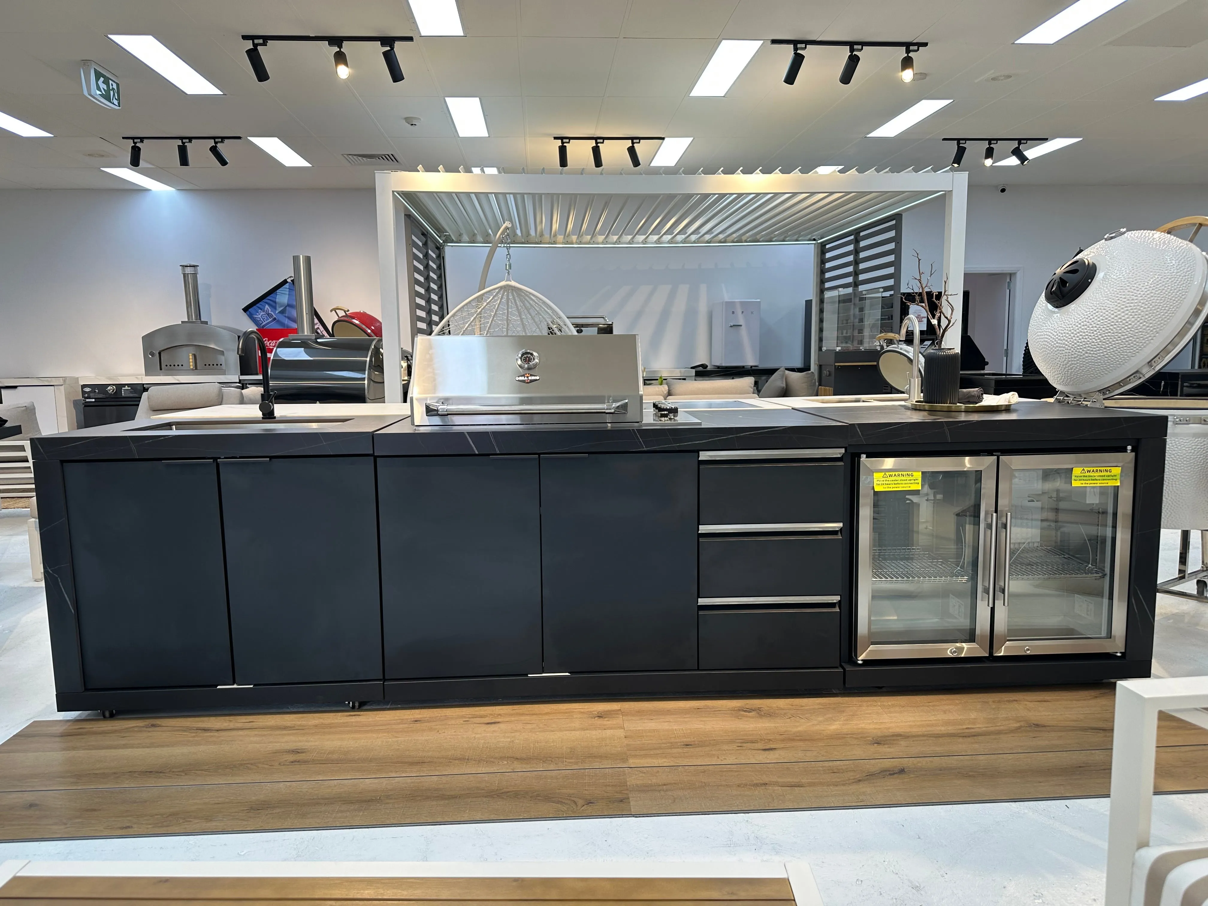 Rockpool 4B Flat Hood BBQ Kitchen | Teppanyaki BBQ Kitchen Package with Hampton Style White Cabinets, Stainless Steel Flat Hood, Fridge and Sink