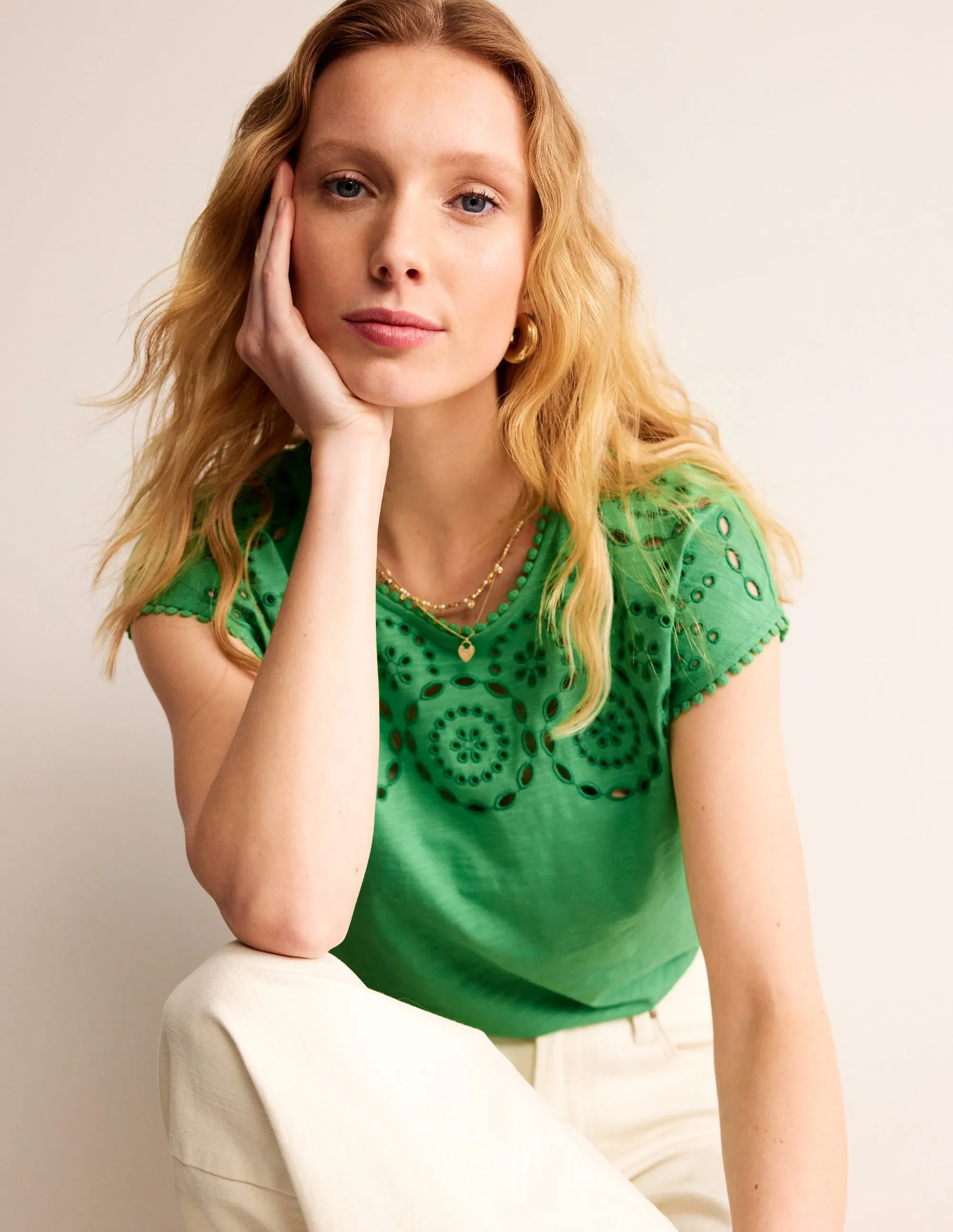 Sasha Broderie T-Shirt-Kelly Green