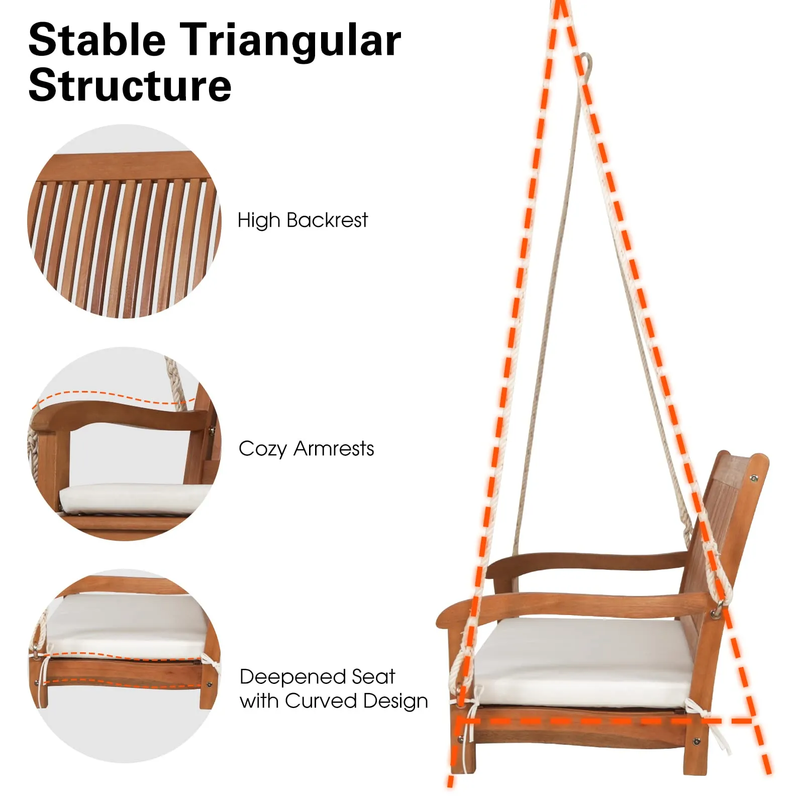 Tangkula 2 Person Hanging Porch Swing with Chains, High Back, Cozy Armrests, Heavy Duty 800Lbs