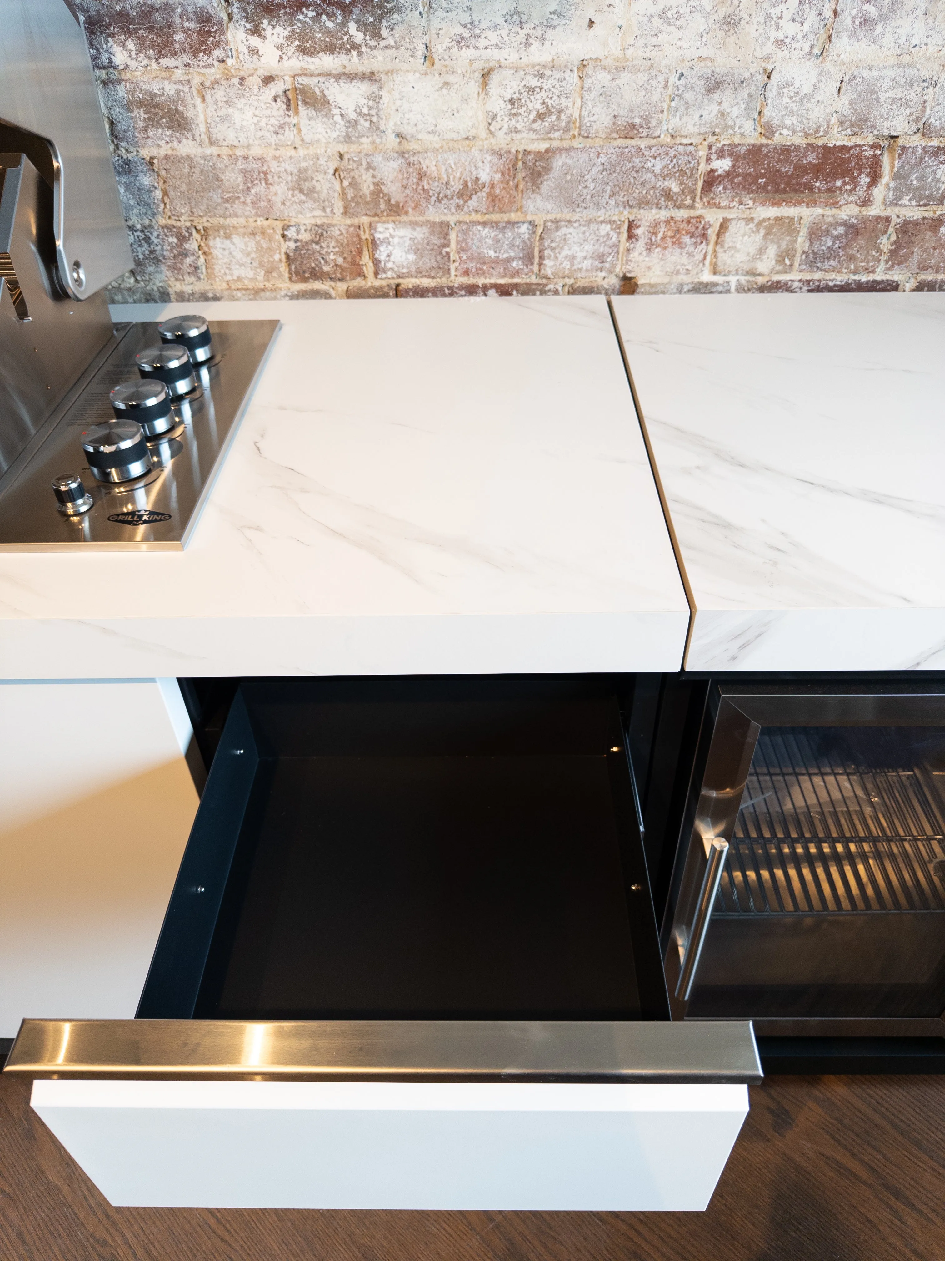 White Stone 4B Square Hood BBQ Kitchen Package with Stone Benchtops, Hampton Waterfall Design