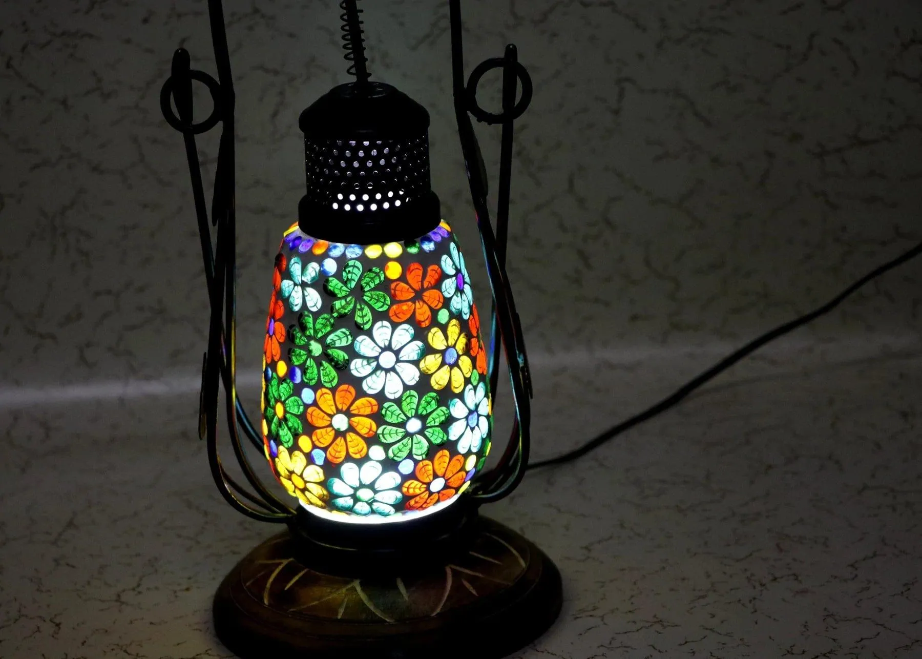 WOODEN & IRON BEAUTIFUL HAND CARVED MULTI COLOURED DOTTED FLOWER ELECTRIC CHIMNEY LANTERN